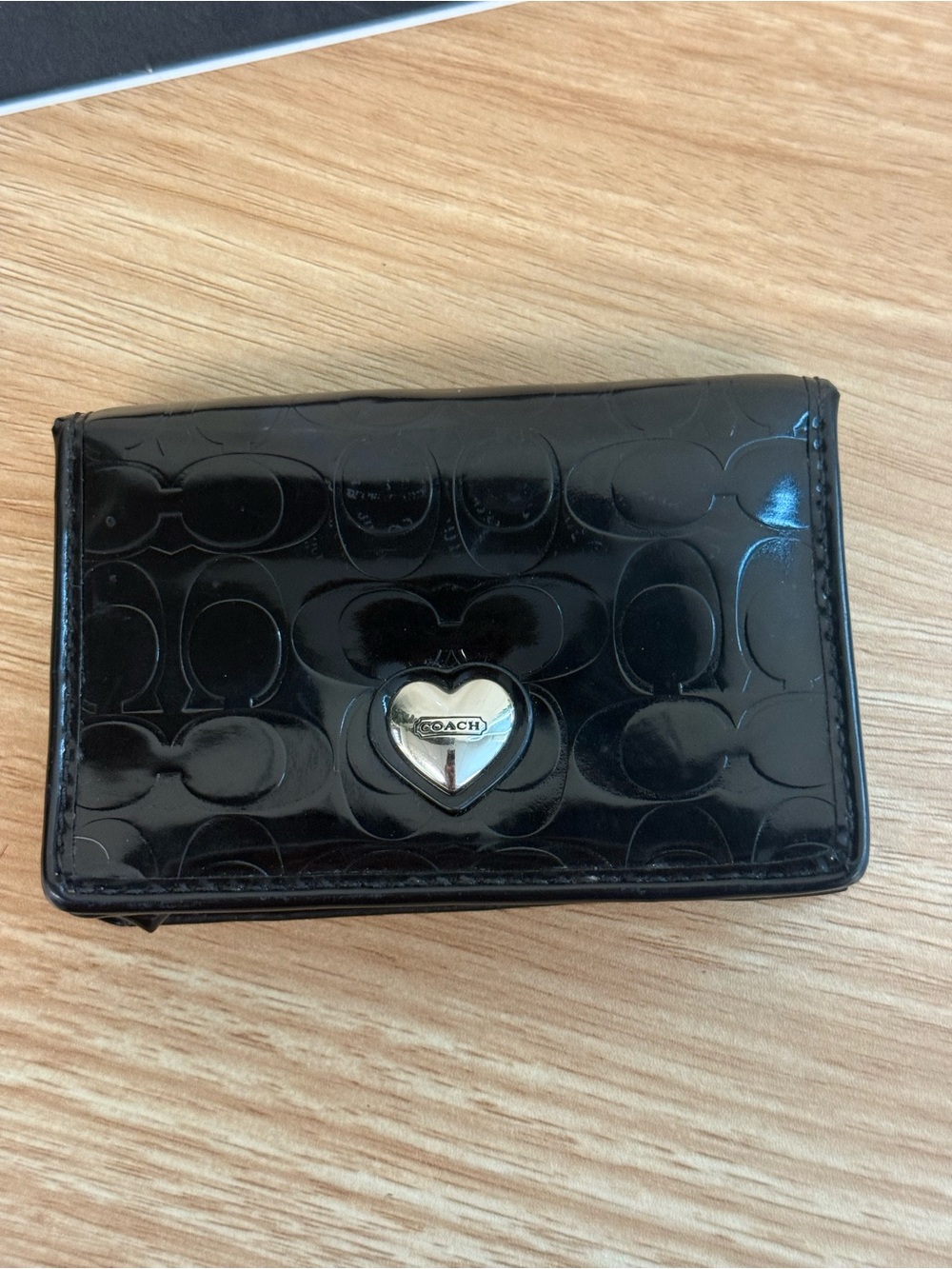 Coach Black Patent Card & Key Holder with Silver Heart Emblem